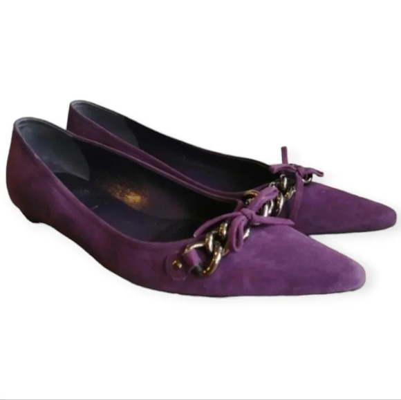 Prada Purple Suede Pointed Toe Flats with Chain Links and Bow Size 37 or 7 US - Picture 3 of 17